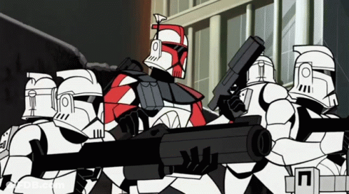 A Group Of Clone Troopers Are Holding Guns In A Cartoon GIF