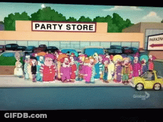 A Group Of Clowns Are Gathered Outside Of A Party Store GIF