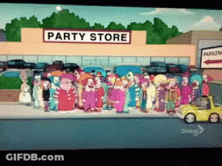 A Group Of Clowns Are Gathered Outside Of A Party Store GIF