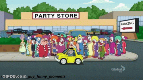 A Group Of Clowns Are Gathered Outside Of A Party Store GIF