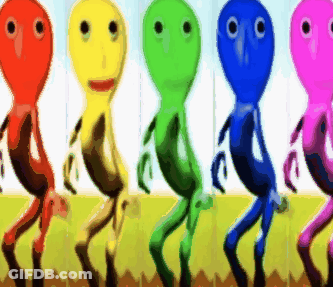 A Group Of Colorful Cartoon Characters Dancing In A Row GIF