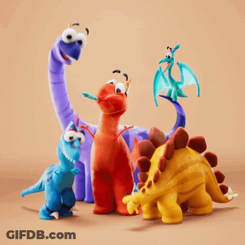 A Group Of Colorful Cartoon Dinosaurs Are Standing Together GIF
