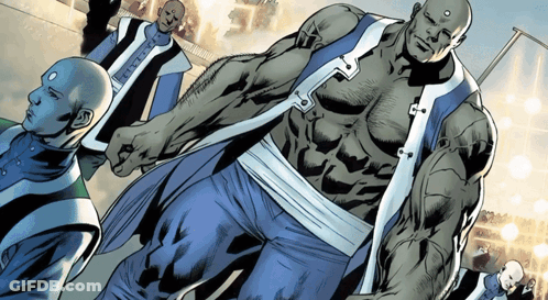 A Group Of Comic Book Characters Are Standing In A Row GIF