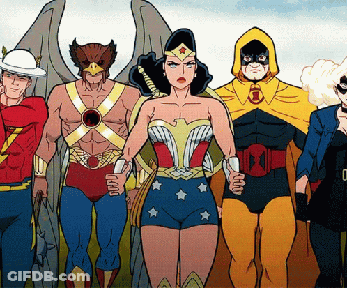 A Group Of Comic Book Characters Including Wonder Woman And Hawkman Stand Together GIF