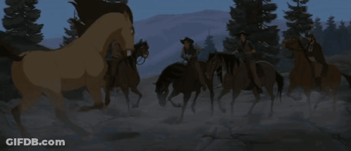 A Group Of Cowboys Are Riding Horses In A Cartoon Scene GIF
