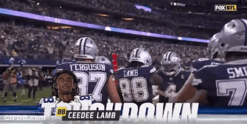 A Group Of Cowboys Players Celebrate A Touchdown GIF