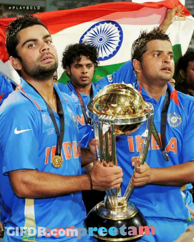 A Group Of Cricket Players Holding A Trophy And A Flag GIF