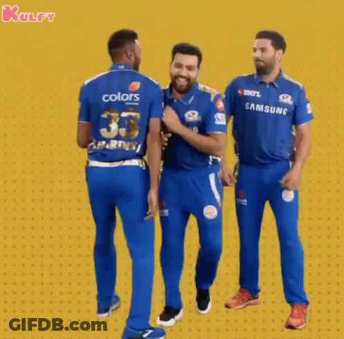 A Group Of Cricket Players In Blue Uniforms Are Standing Next To Each Other On A Yellow Background . GIF