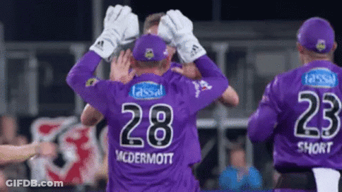 A Group Of Cricket Players Wearing Purple Uniforms With The Number 28 On The Back GIF