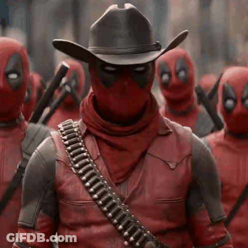A Group Of Deadpools Are Standing In A Line Wearing Cowboy Hats . GIF