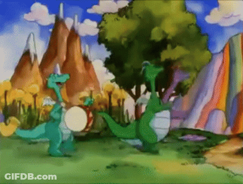 A Group Of Dinosaurs Are Playing A Drum In A Cartoon Landscape . GIF