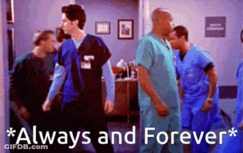 A Group Of Doctors Are Walking In A Hallway With The Words " Always And Forever " GIF