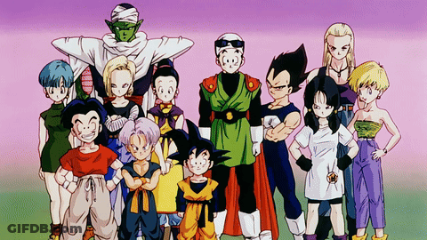 A Group Of Dragon Ball Characters Are Posing For A Photo GIF