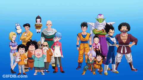 A Group Of Dragon Ball Characters Are Standing Together On A Blue Background GIF