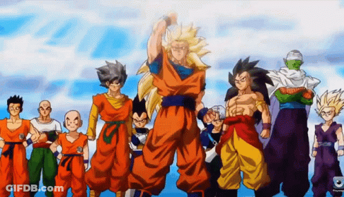 A Group Of Dragon Ball Characters Standing Next To Each Other On A Blue Background GIF