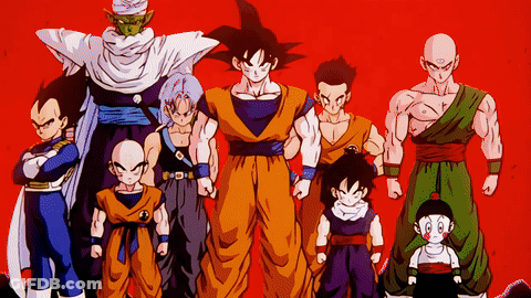 A Group Of Dragon Ball Characters Standing Next To Each Other With A Red Background GIF