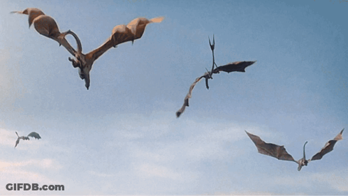 A Group Of Dragons Are Flying Over A City With Mountains In The Background GIF