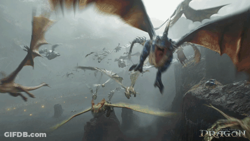 A Group Of Dragons Are Flying Over A Cliff With The Word Dragon On The Bottom GIF