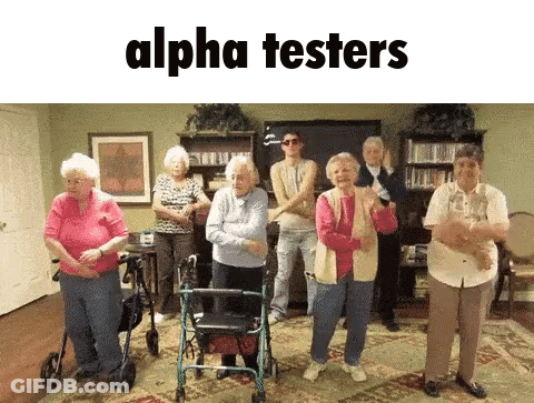 A Group Of Elderly People Are Standing In A Room With The Words Alpha Testers On The Top GIF