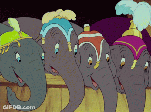 A Group Of Elephants Are Standing Next To Each Other And Wearing Different Hats GIF