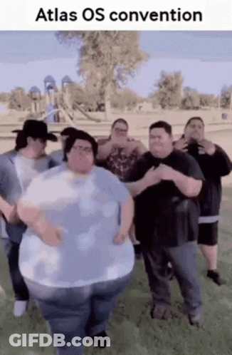 Group Of Fat Men Dancing In Park At Atlas OS Convention GIF