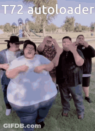 A Group Of Fat Men Are Dancing In A Park With The Words T72 Autoloader Written On The Bottom GIF