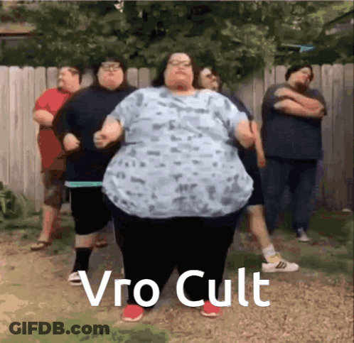 A Group Of Fat People Are Dancing In Front Of A Fence With The Words Vro Cult On The Bottom GIF