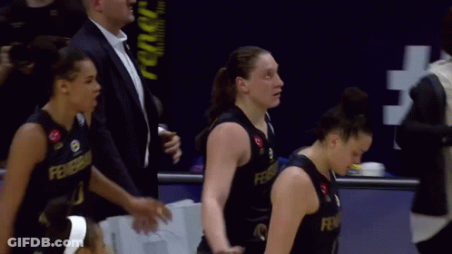 A Group Of Female Basketball Players Are Standing In Front Of A Sign That Says #Fear GIF