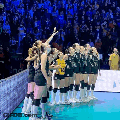 A Group Of Female Volleyball Players Standing On A Court With One Wearing A Yellow Jersey With The Number 14 On It GIF