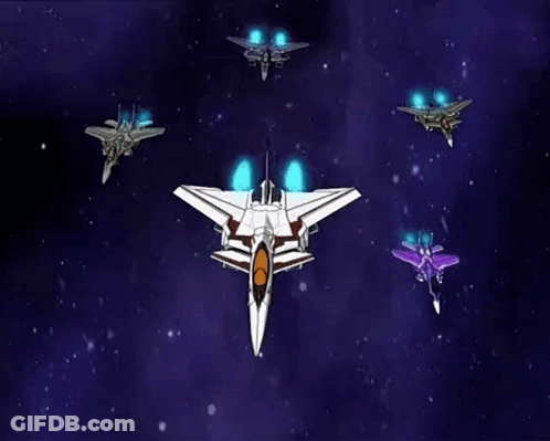 A Group Of Fighter Jets Are Flying In A Purple Space GIF