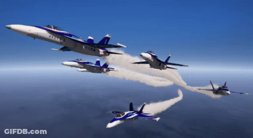 A Group Of Fighter Jets Are Flying In Formation And One Of Them Has The Letters Axx On It GIF