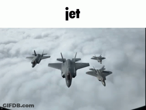 A Group Of Fighter Jets Are Flying In Formation With The Word Jet Written Above Them GIF