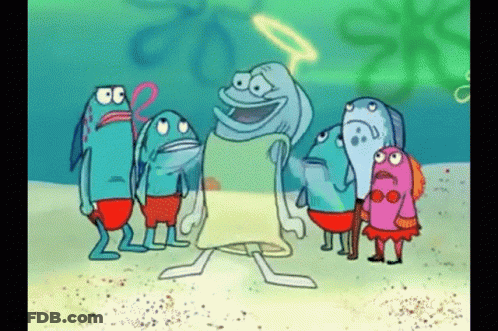 A Group Of Fish Are Standing Around A Cartoon Character With A Halo GIF