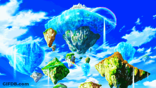 A Group Of Floating Islands In The Sky With A Rainbow In The Background GIF