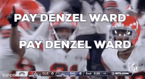A Group Of Football Players Are Celebrating A Touchdown With The Words Pay Denzel Ward Pay Denzel Ward GIF