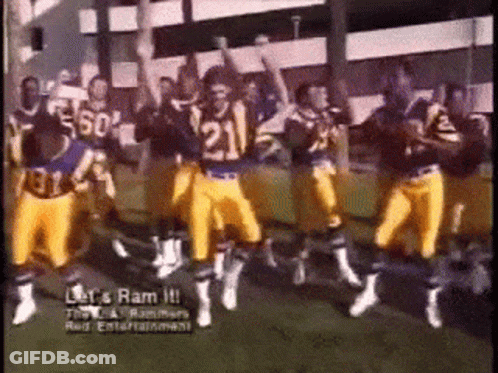 A Group Of Football Players Are Dancing On A Field With The Words Let 'S Ram It On The Bottom GIF