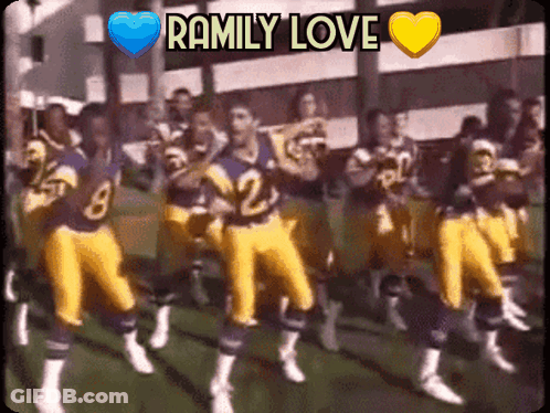 A Group Of Football Players Are Dancing With The Words Ramily Love On The Bottom GIF