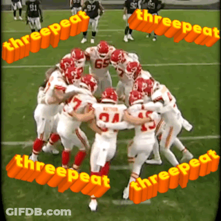A Group Of Football Players Are Huddled Together And The Words Threepeat Are Visible GIF