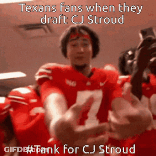 A Group Of Football Players Are Hugging Each Other With The Caption " Texans Fans When They Draft Cj Stroud GIF