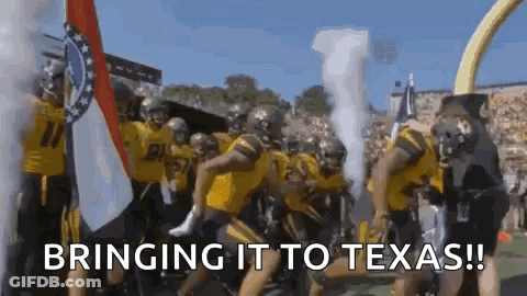 A Group Of Football Players Are Running On A Field With The Words `` Bringing It To Texas '' Written On The Bottom . GIF