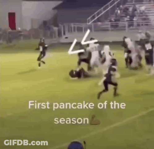 A Group Of Football Players Are Running On A Field With The Words `` First Pancake Of The Season '' Written On The Botto GIF