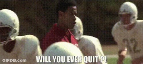 A Group Of Football Players Are Sitting In A Huddle With The Words Will You Ever Quit On The Bottom GIF