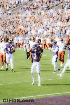 A Group Of Football Players Are Standing On A Field During A Game . GIF