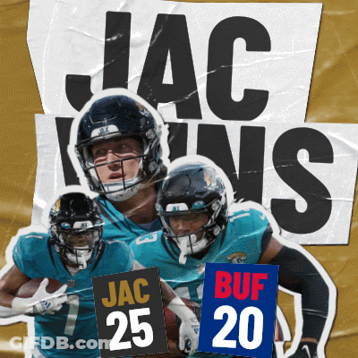 A Group Of Football Players Holding Signs That Say Jac 25 Buf 20 And Jac 25 GIF