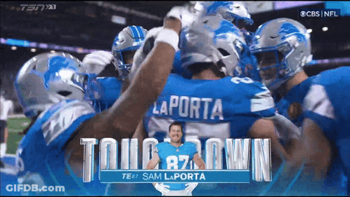 A Group Of Football Players Huddled Together With The Name Sam Laporta On The Top GIF