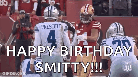A Group Of Football Players Standing Next To Each Other On A Field With The Words `` Happy Birthday Smithy ! '' GIF