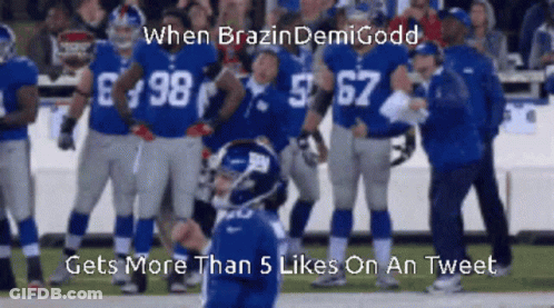 A Group Of Football Players Standing On A Field With The Caption When Brazin Demigodd Gets More Than 5 Likes GIF