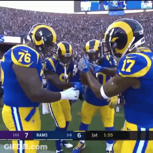 A Group Of Football Players Wearing Blue And Yellow Uniforms With The Number 76 And 17 On Them GIF