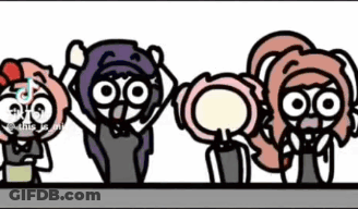 A Group Of Four Cartoon Characters Are Standing Next To Each Other . GIF