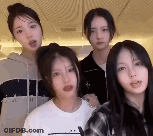A Group Of Four Girls Are Standing Next To Each Other In A Room . GIF
